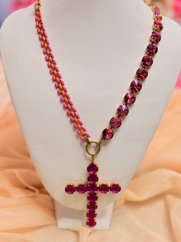 Felicity Statement Cross Two Tone Chain Swarovski Necklace Fuchsia Matte