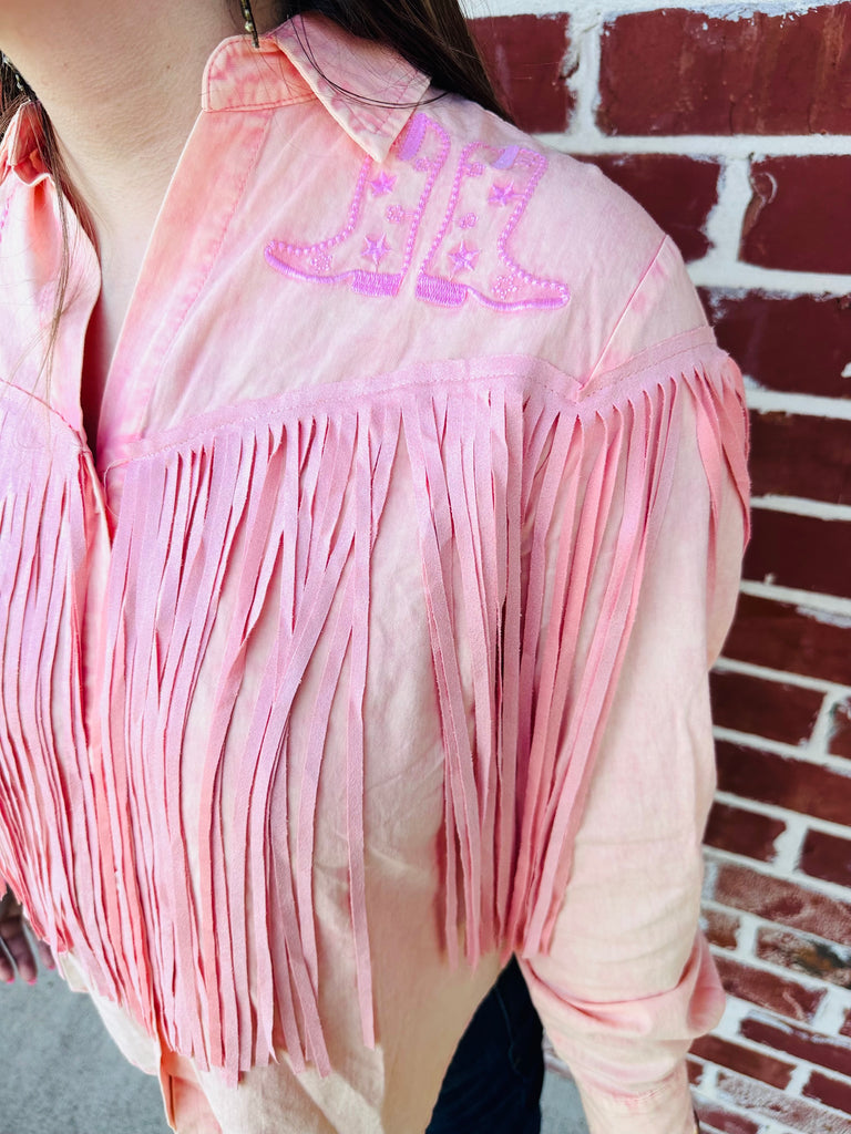 Pink Suede Fringe Button Up Blouse