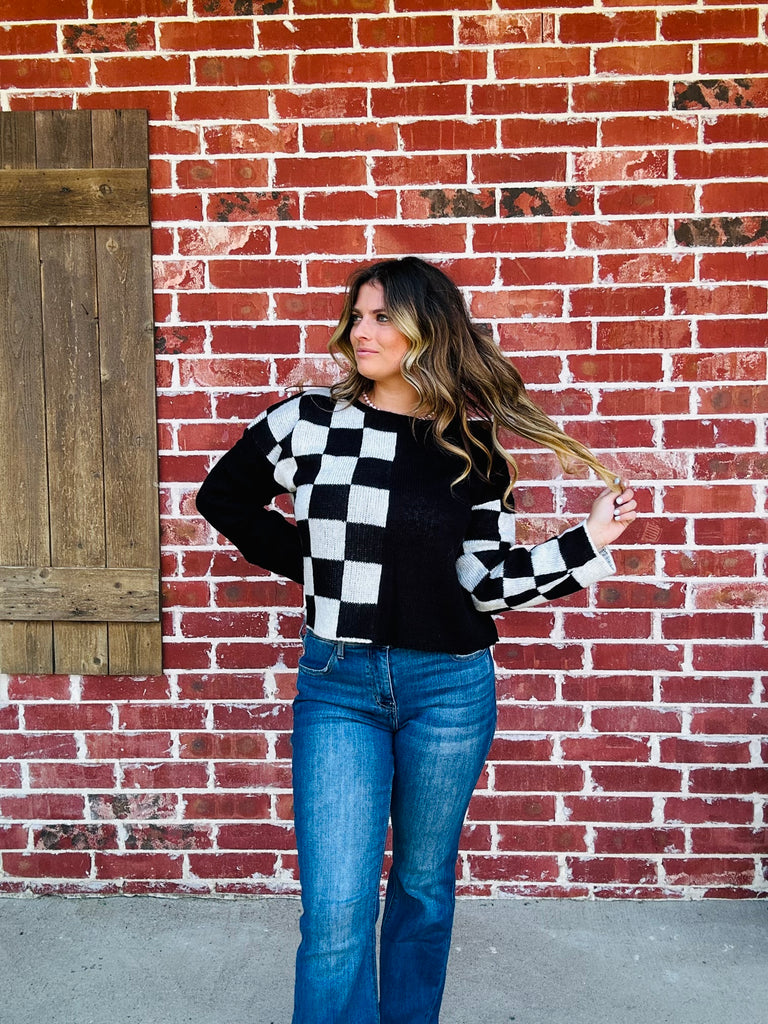 Black & White Checkmate Color Chop Sweater