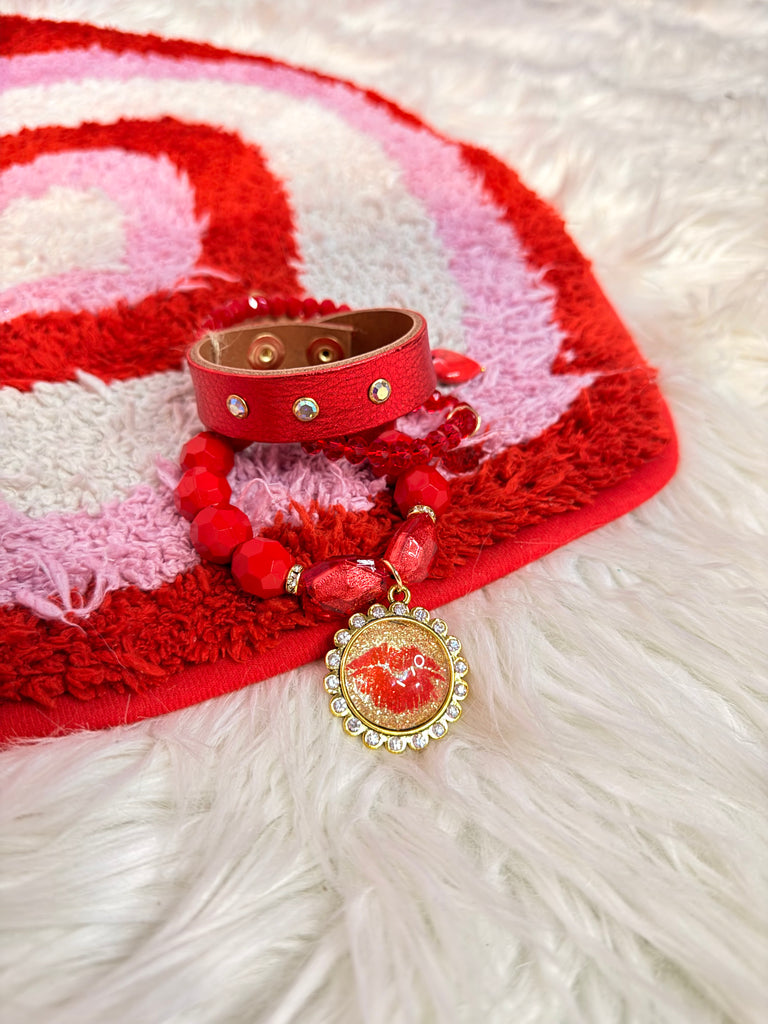 Red Kisses Leather Cuff and Bracelet Set