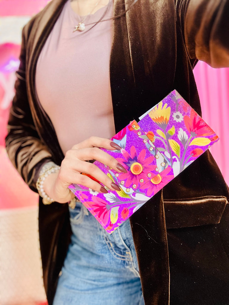 Lilac Love Glitter Floral AB Wallet Clutch