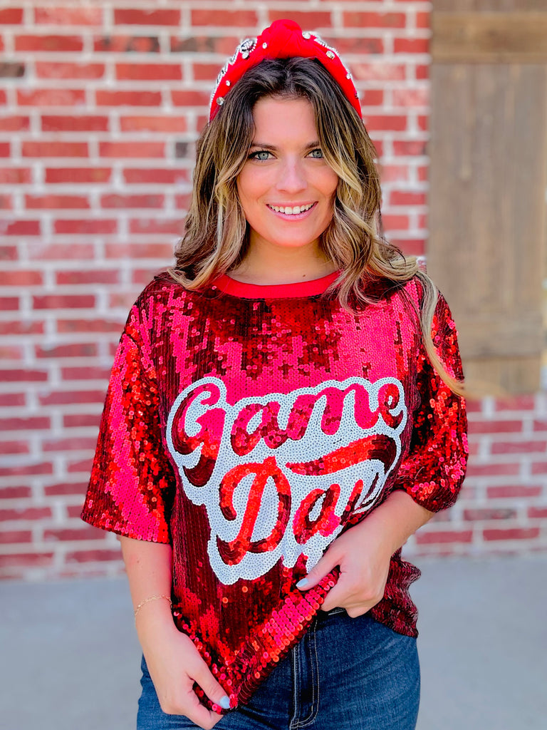 Red Sequin Game Day Jersey Top