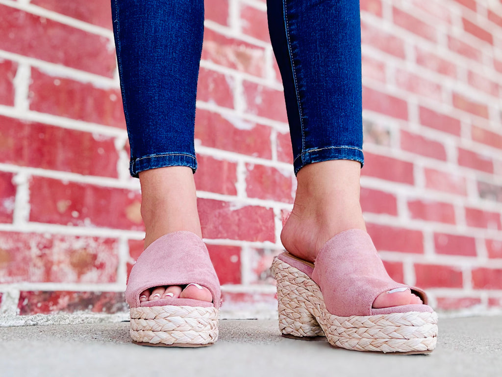 Solstice Suede Wedged Sandals- Blush