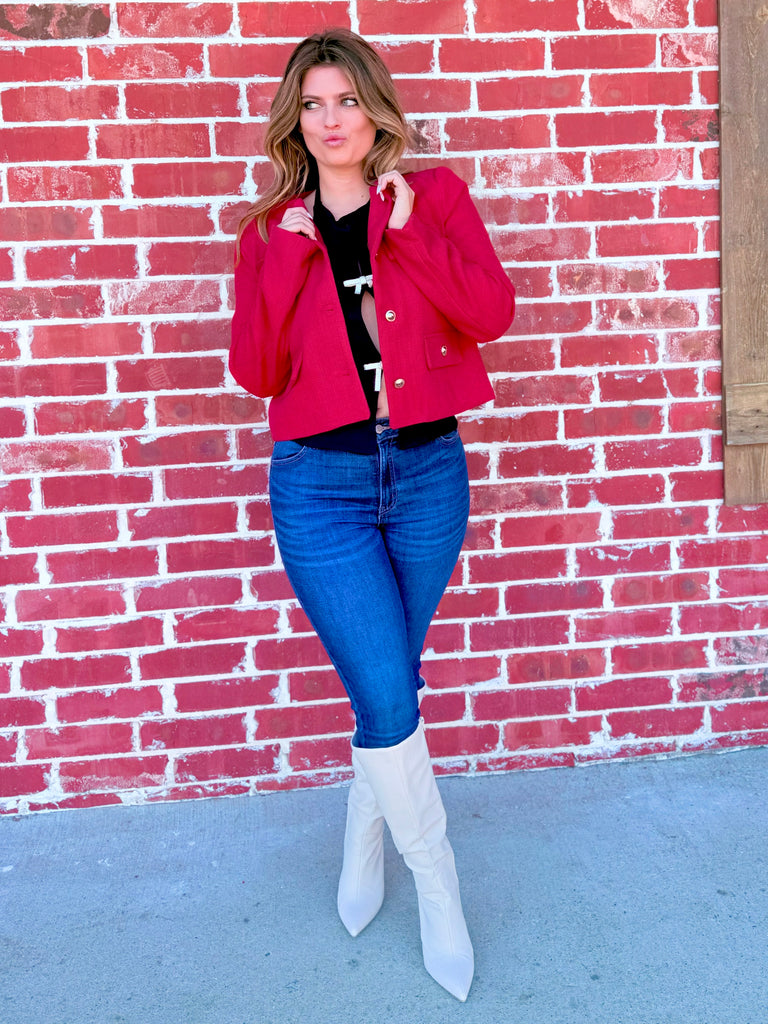 Elizabeth Button Cuffed Sleeve Blazer in Red