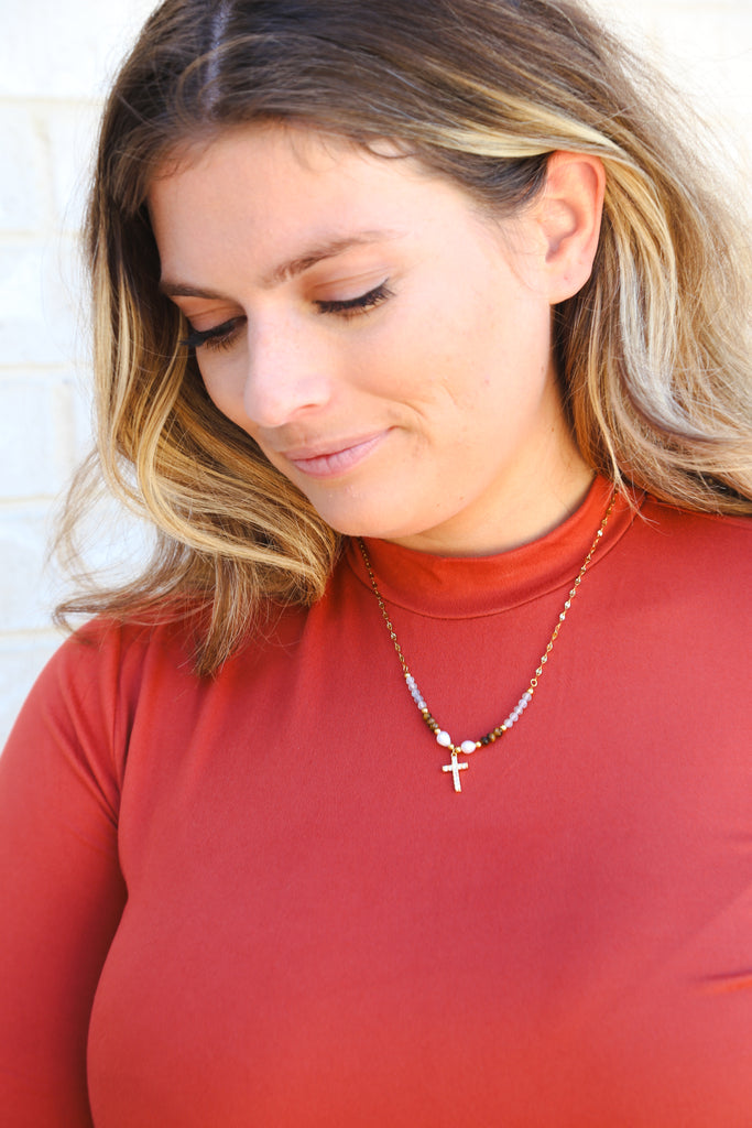 18K Beaded in Faith Cross Necklace