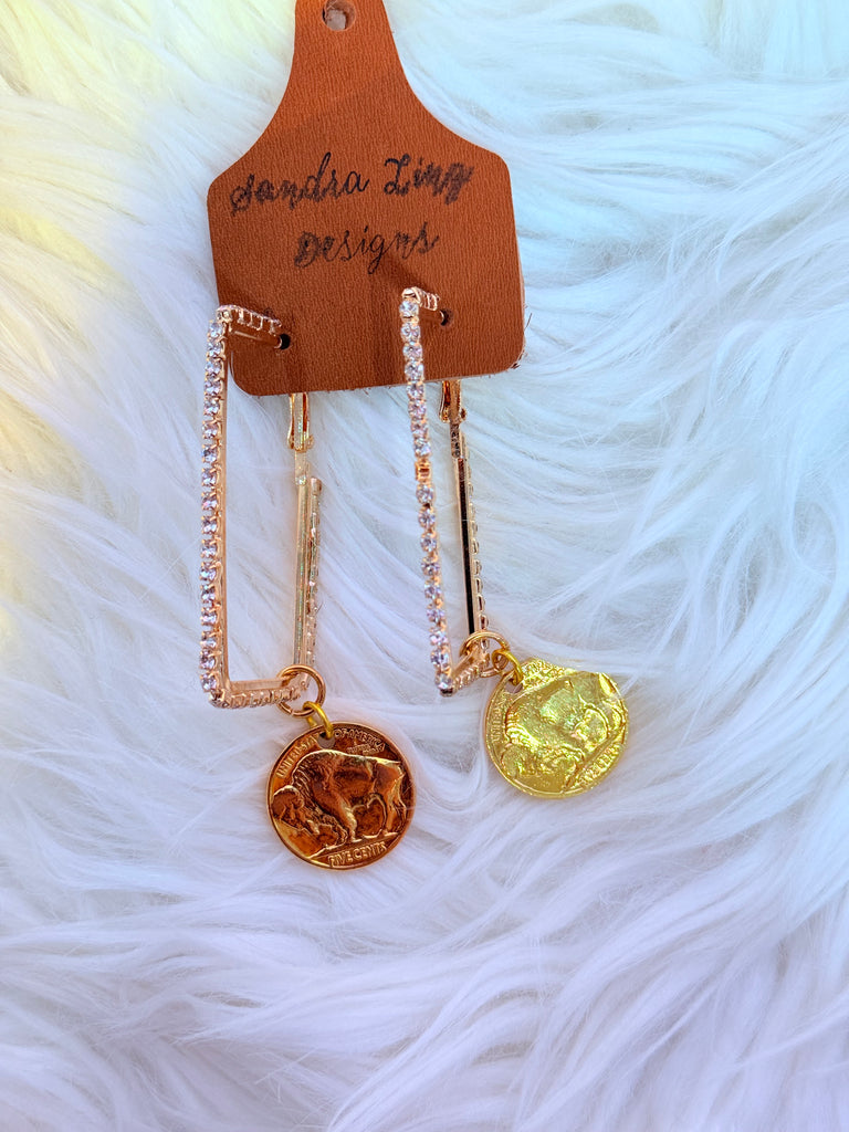 Gold Crystal Rectangle Coin Earrings