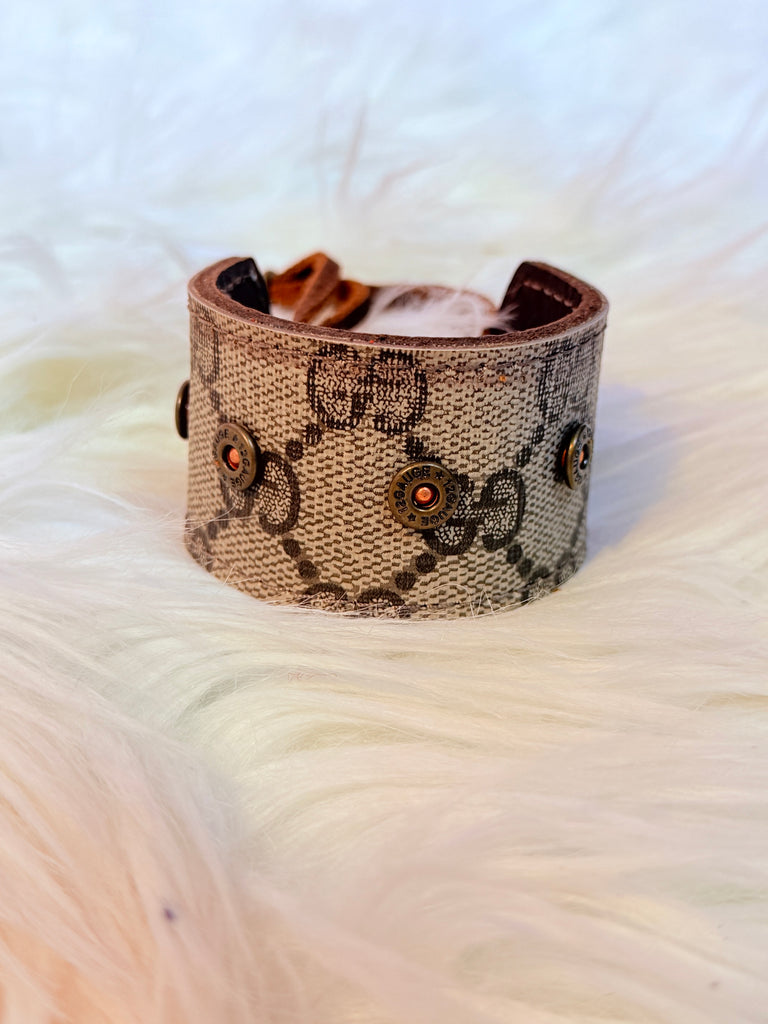 Vintage Western Studded Brass Beige Leather Cinch Cuff