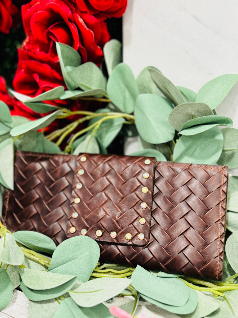 Cherry Brown Woven Leather AB Flap Wallet/Clutch