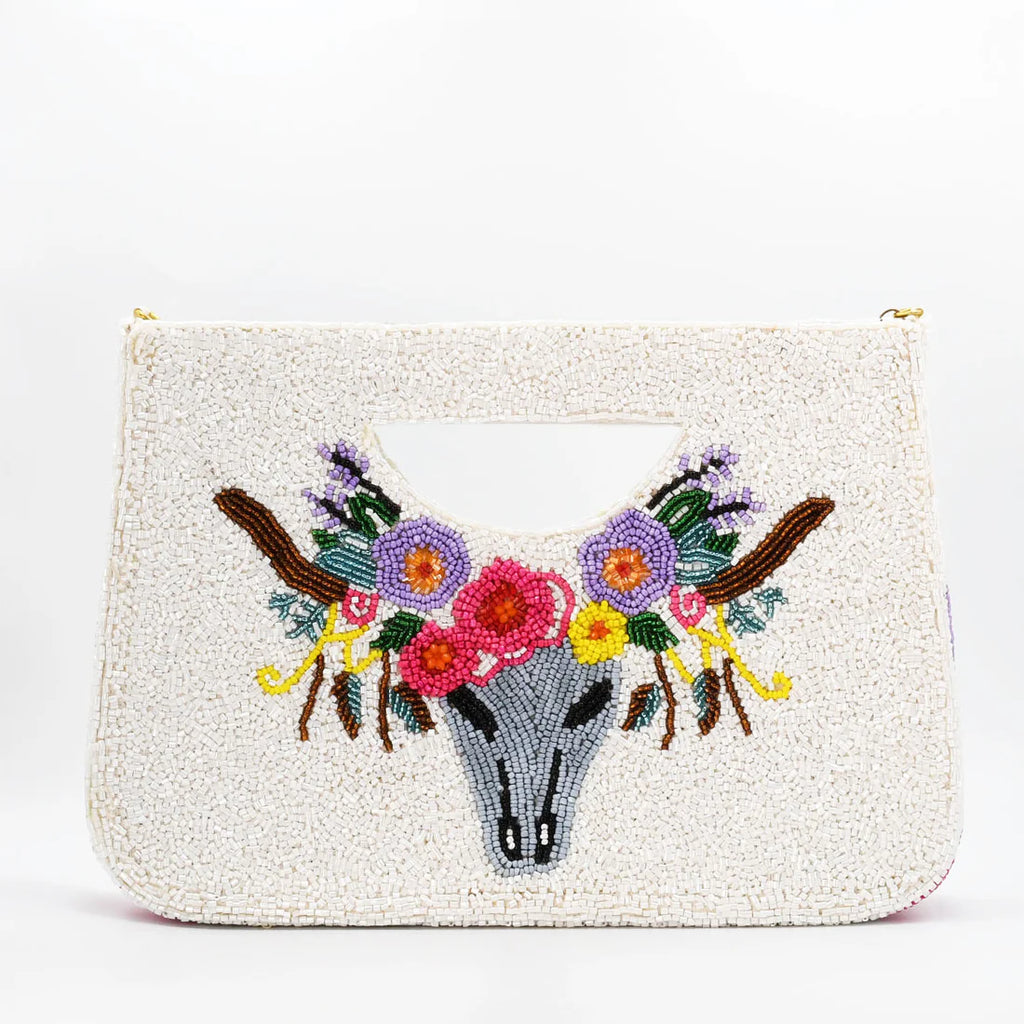 Floral Long Horn Beaded Clutch and Crossbody Purse