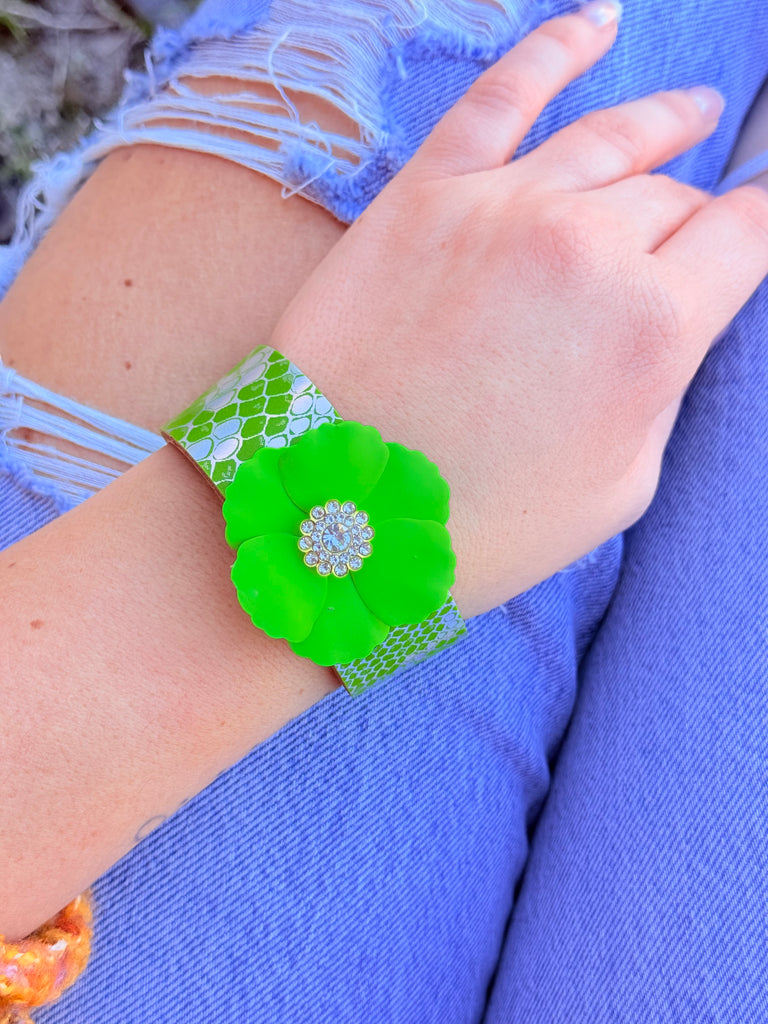 Neon Blooms Green Floral Leather Snap Cuff