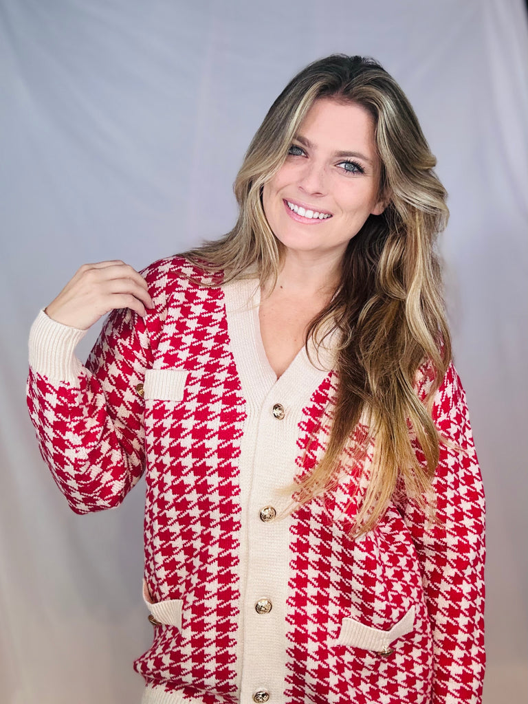 Red & Ivory Houndstooth Jacket/Cardigan