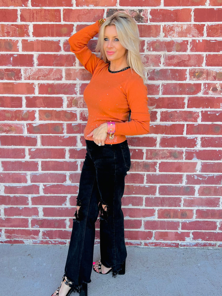 Michelle Chic Rust Ribbed Rhinestone Sweater