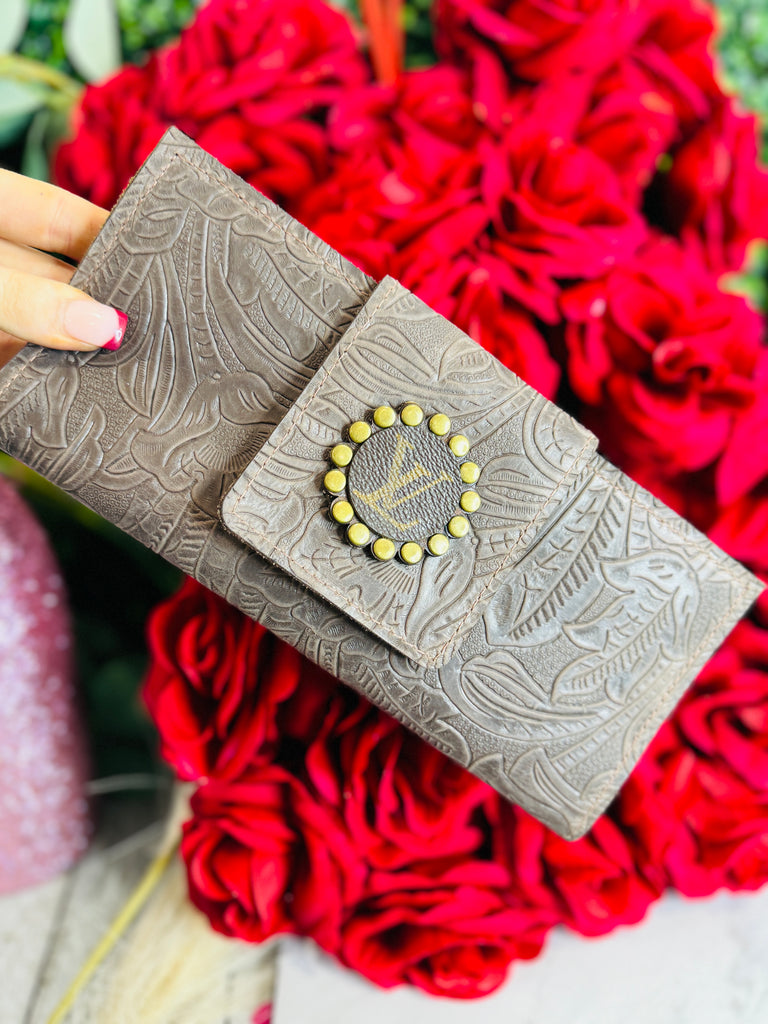 Ashy Coco Tooled Leather Bezel Wallet/Clutch