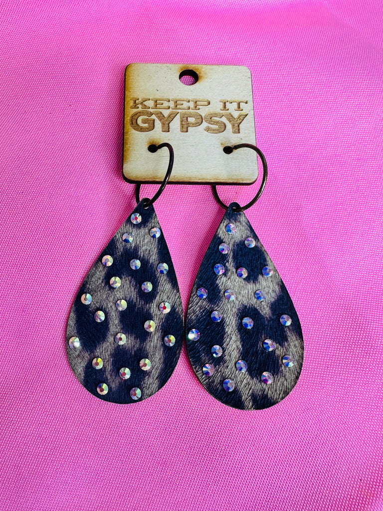 Leopard Leather and Crystal Teardrop Earrings