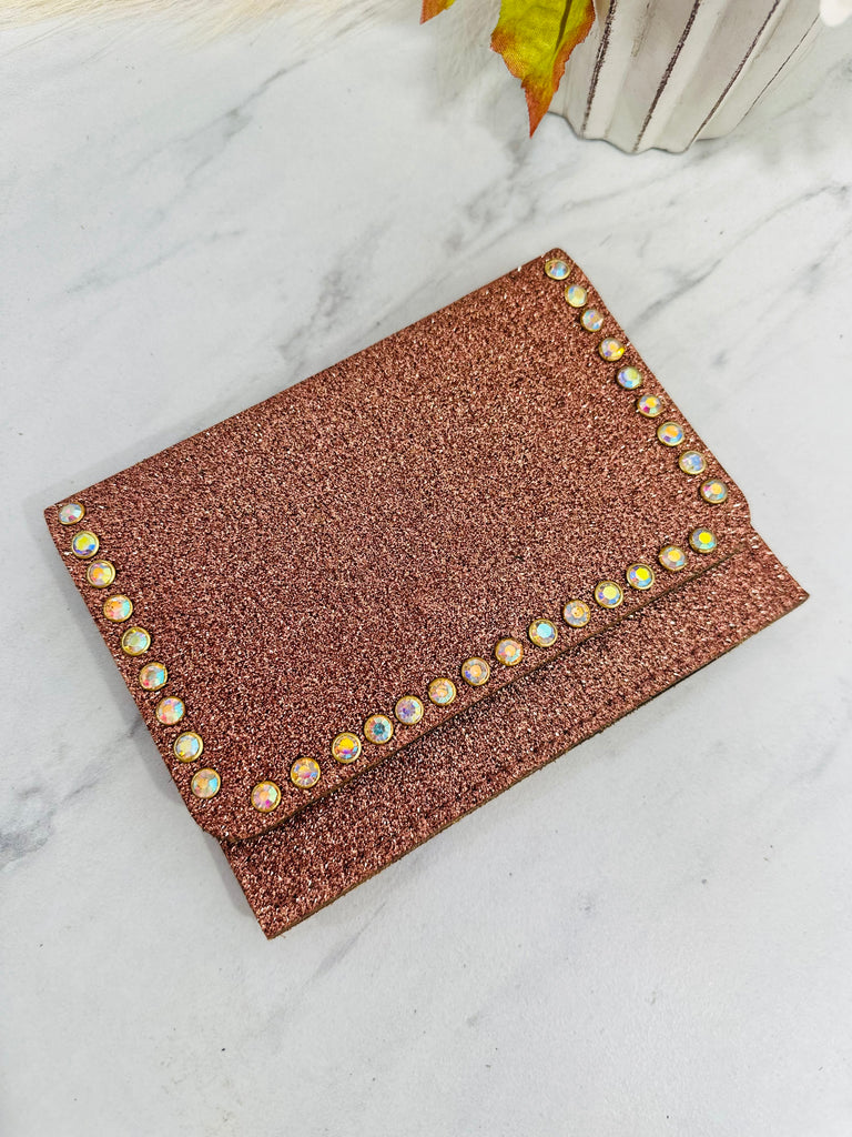 Dark Coffee Glitter Flora Wallet With Crystal Rivets