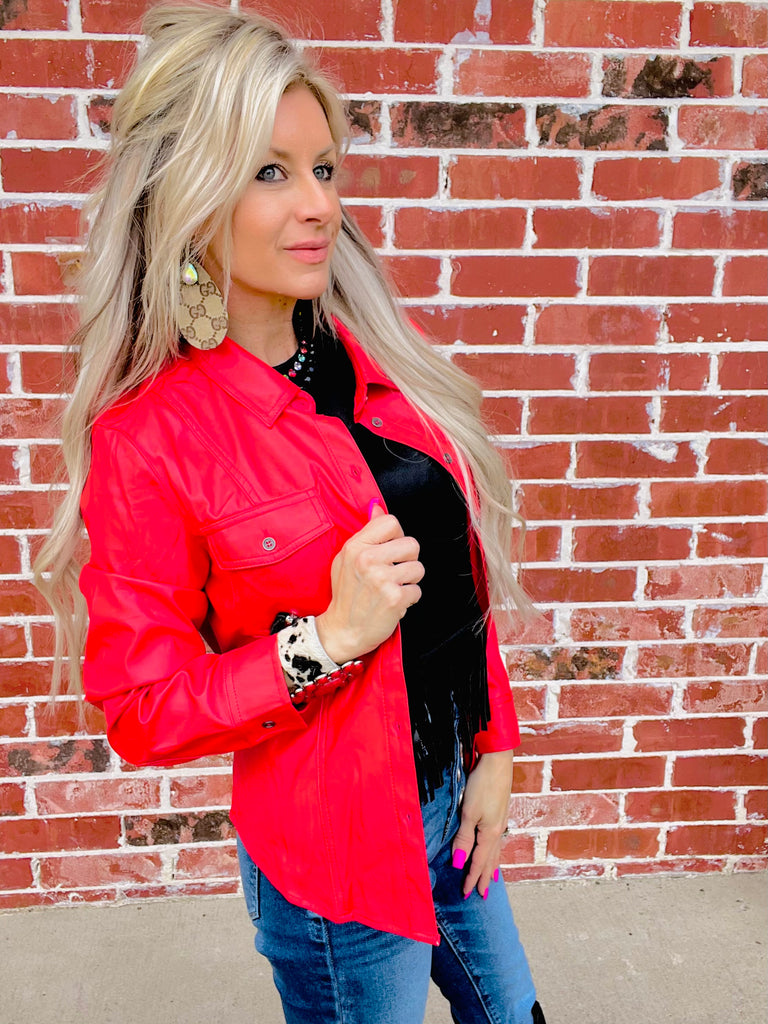 Holiday Red Vegan Leather Button Up