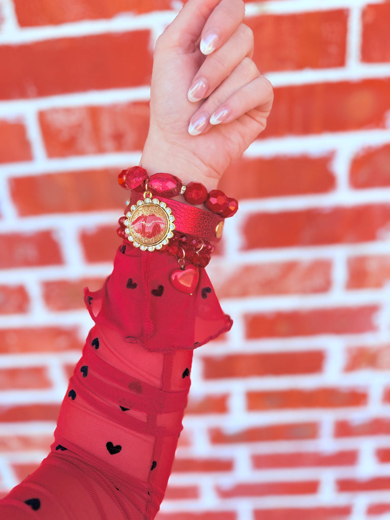 Red Kisses Leather Cuff and Bracelet Set