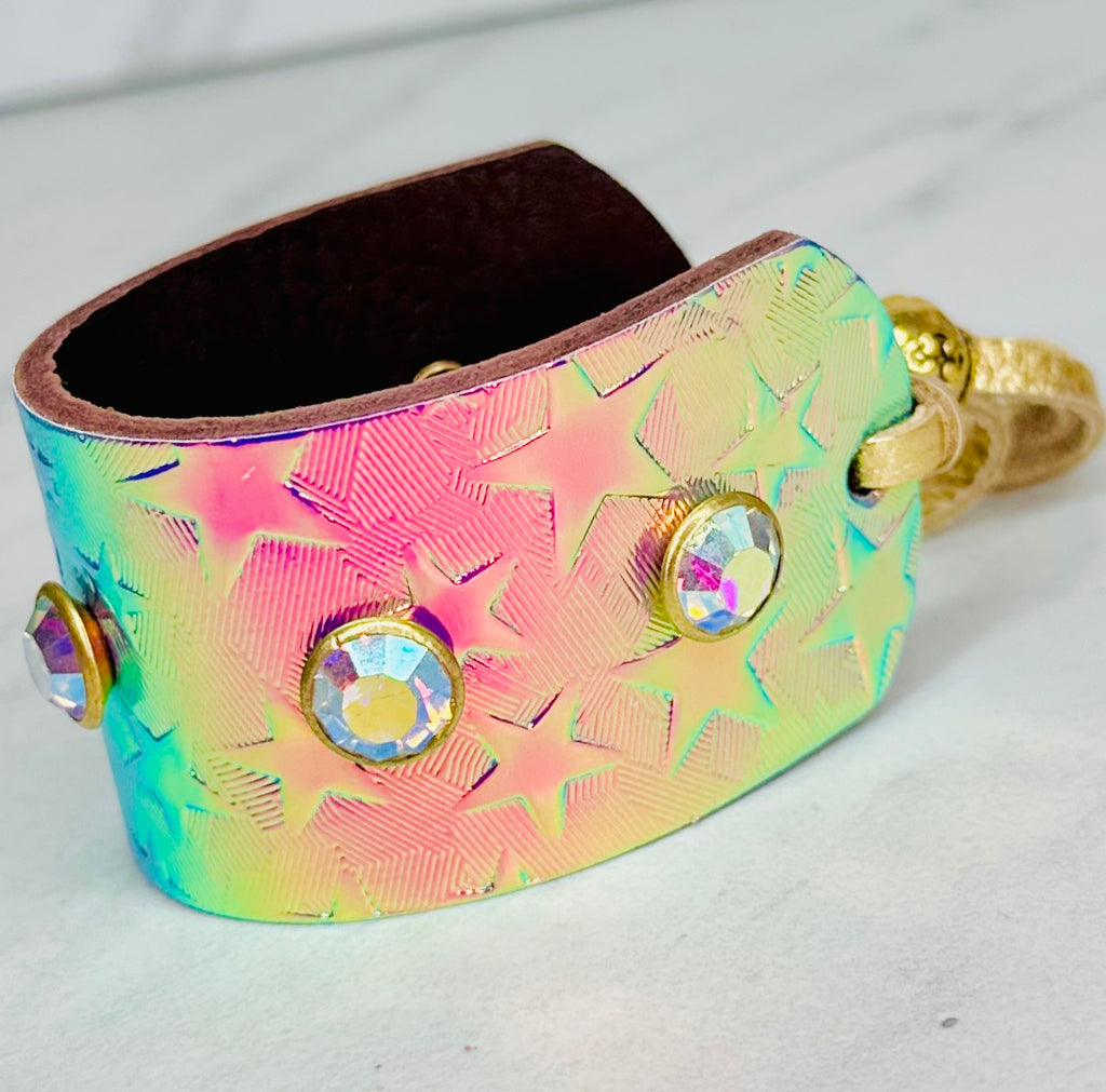Large- Glowing Summer Stars Leather Cinch Cuff