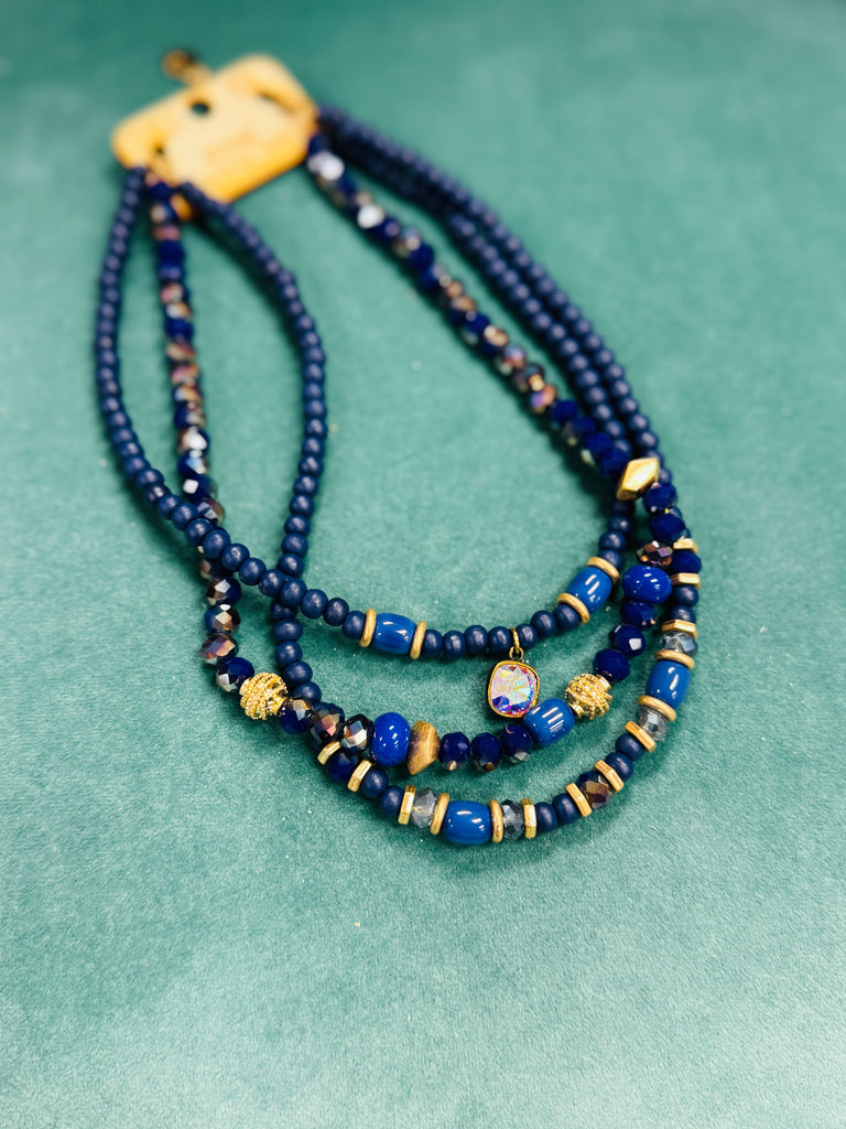 Vintage Royalty Beaded Layered Necklace in Navy Gold