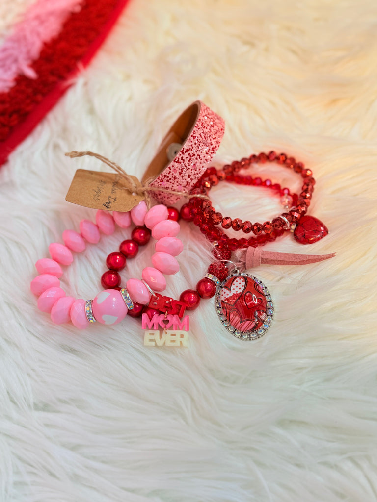 Pink and Red Loving Leather Cuff and Charm Bracelet Set