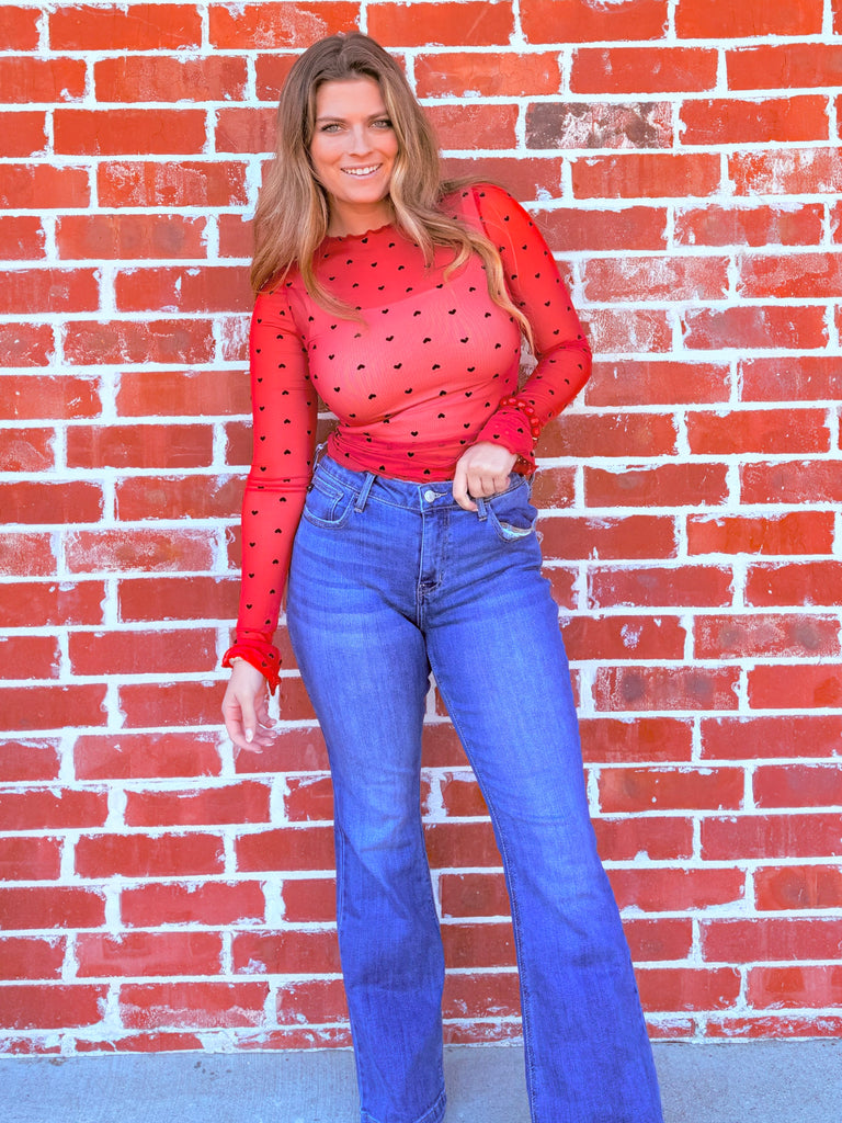 Spotted in Red Full Hearts Mesh Long Sleeve Top