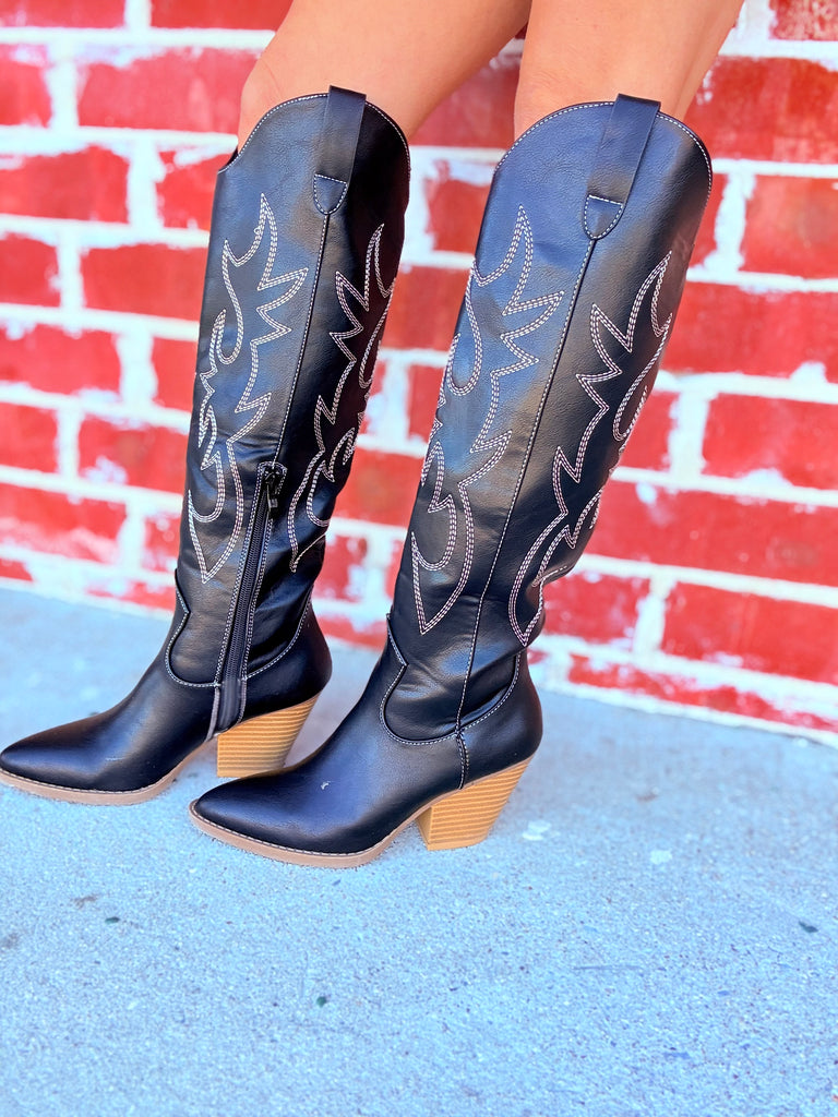 Stir Up Black and Beige Embroidered Cowboy Boots