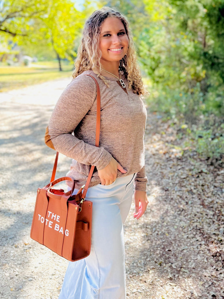 It's That Simple Elbow Patch Button Top - Mocha