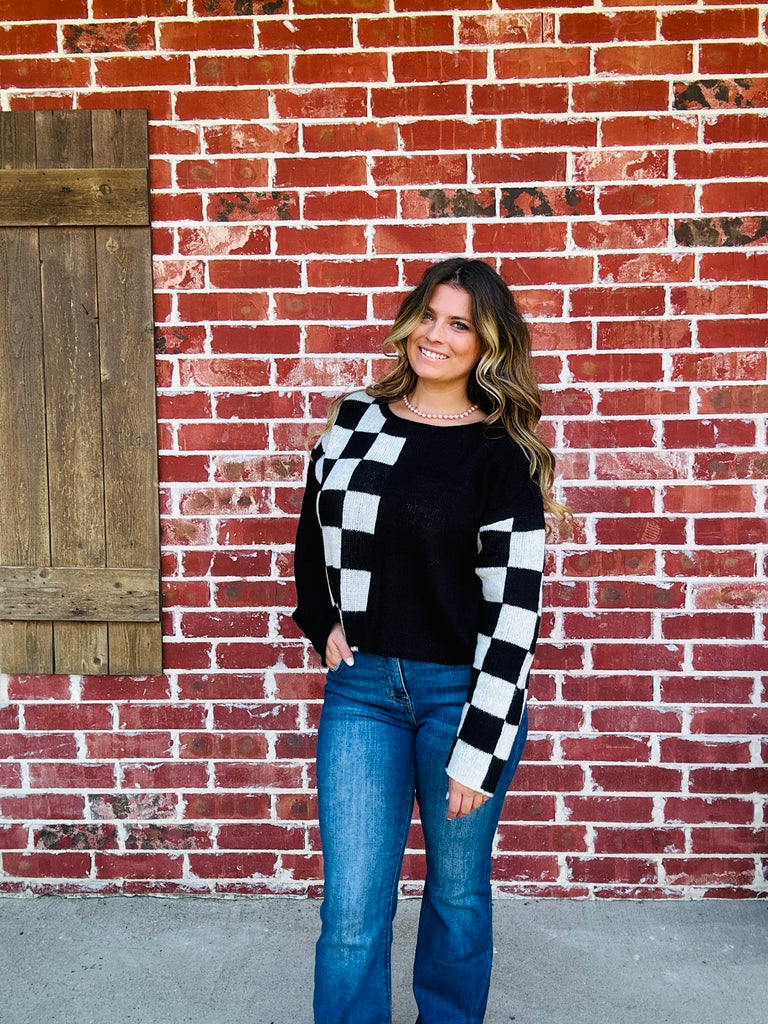 Black & White Checkmate Color Chop Sweater