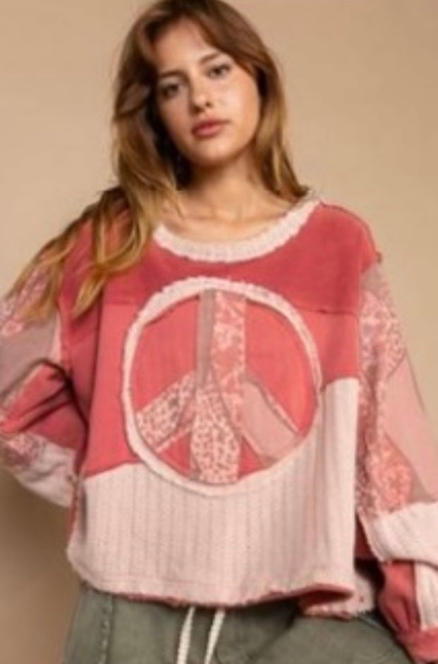 In Peace Stitched Lightweight Pullover-Dried Red