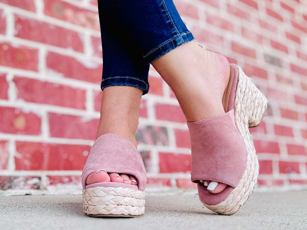 Solstice Suede Wedged Sandals- Blush