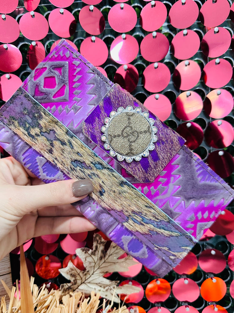 Purple Metallic Hide & Tooled Leather Wallet