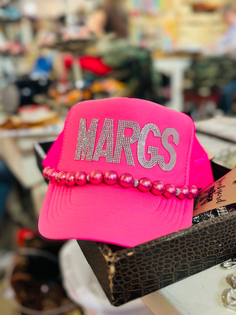 Neon Rhinestone Margs Trucker Hat w/Pink Bead Hat band
