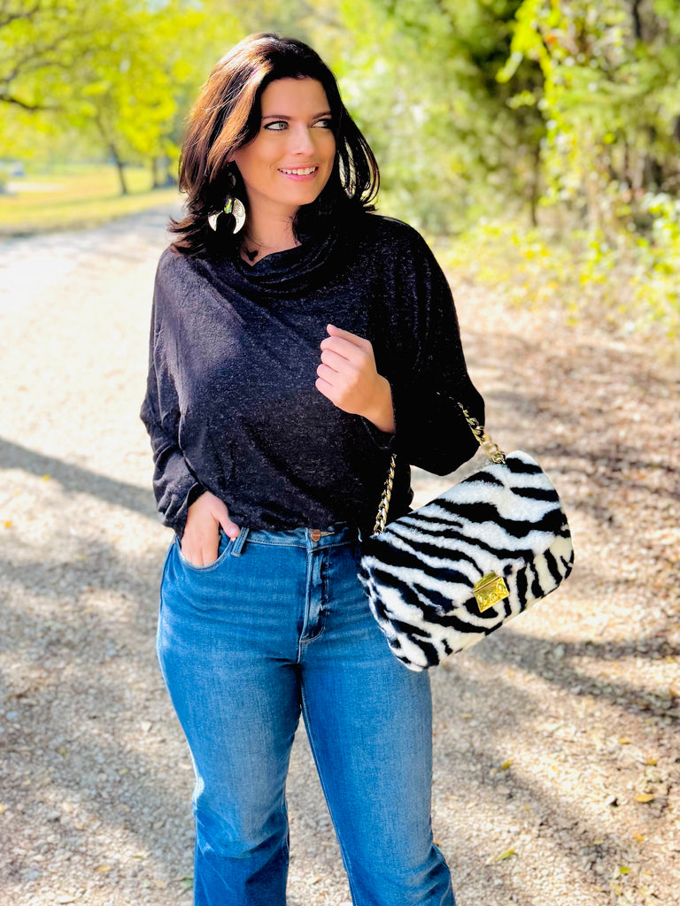 Heathered Black Cowl Neck Fleece Sweater