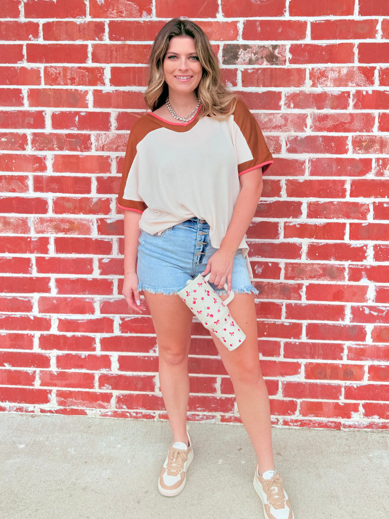 Effortless Sundays Causal Color Block Top - Ivory and Brown