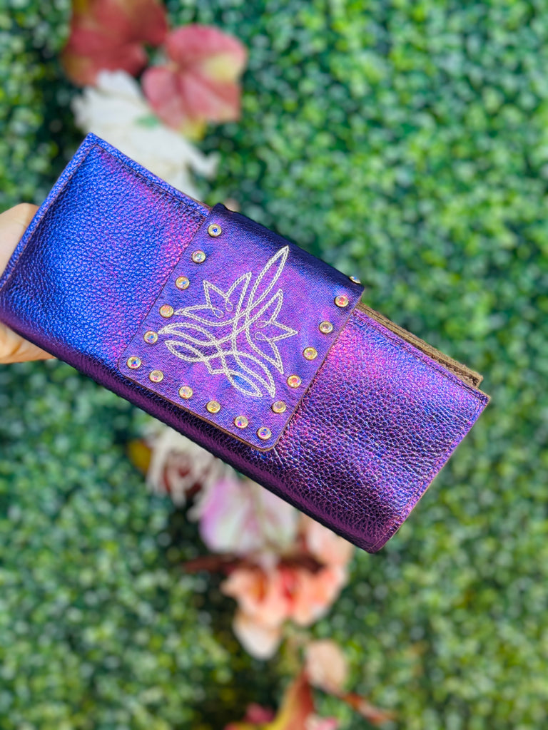 Violet Stitched Leather Wallet Clutch