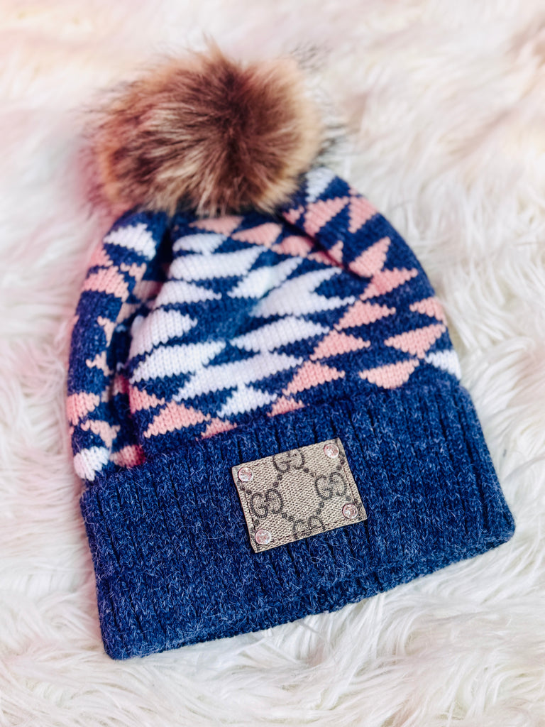 Dark Grey Aztec Pom Lux Beanie