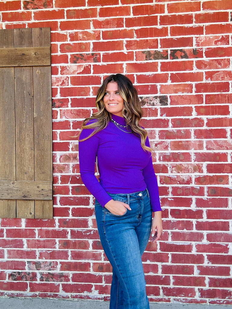 Purple Mock Neck Ribbed Top