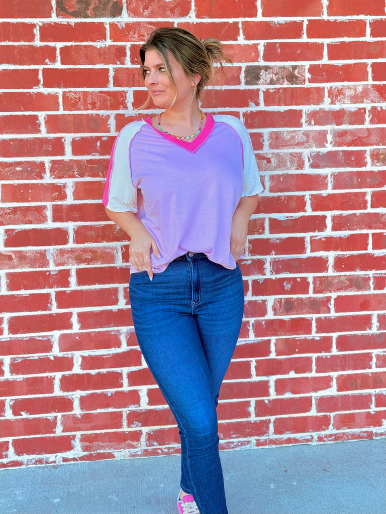 Pink Jersey Knit V-Neck Top with Cord Rib Combo