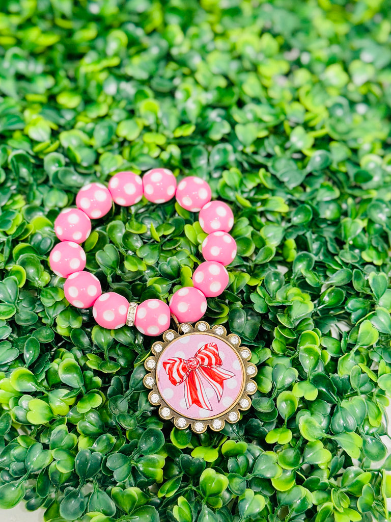 Pink Polka Dotted Ribbon Beaded Bracelet