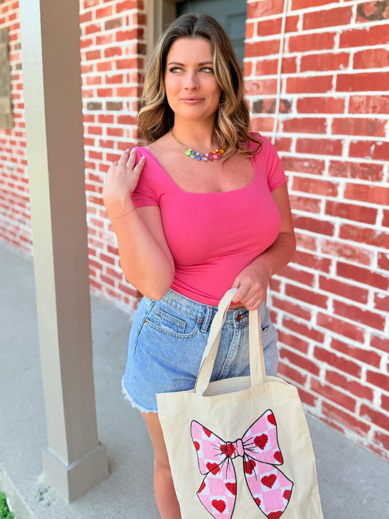 Tailored Casual Square Neck Tee- Hot Pink