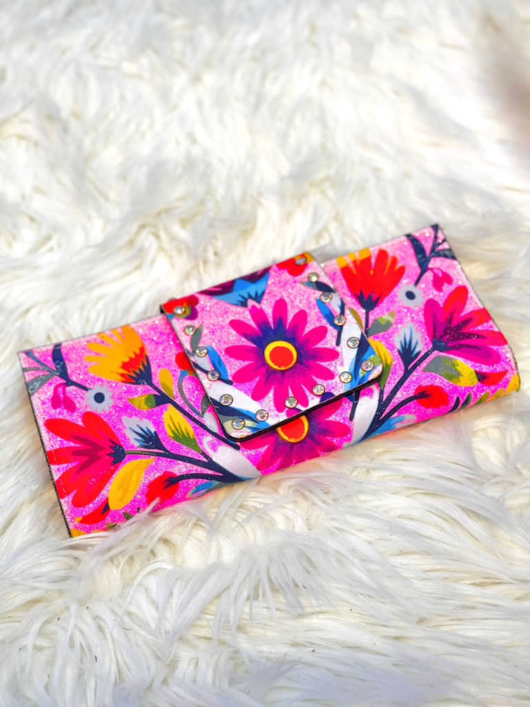 Perfectly Pink Glitter Floral AB Wallet Clutch