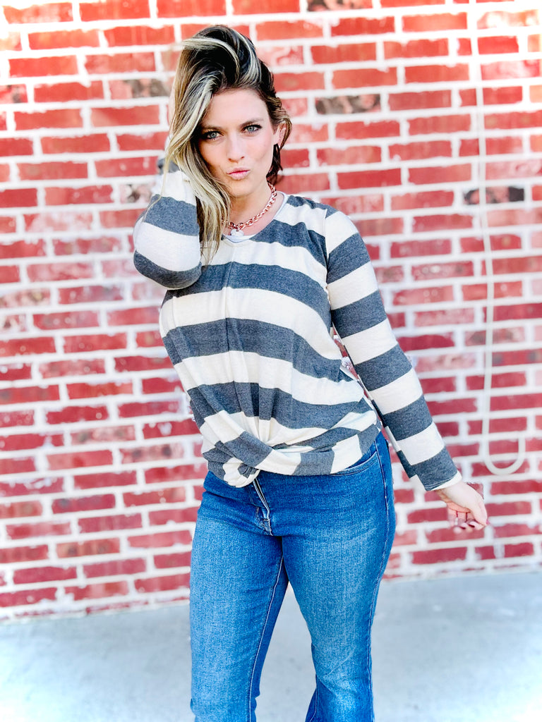 Keep You Guessing Stripe Knot Top - Charcoal