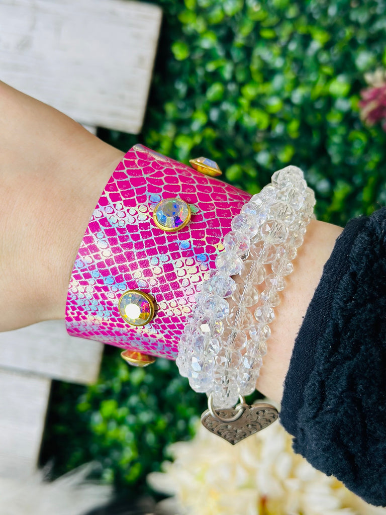 Large- Pink Viper Crystal Studded Cuff