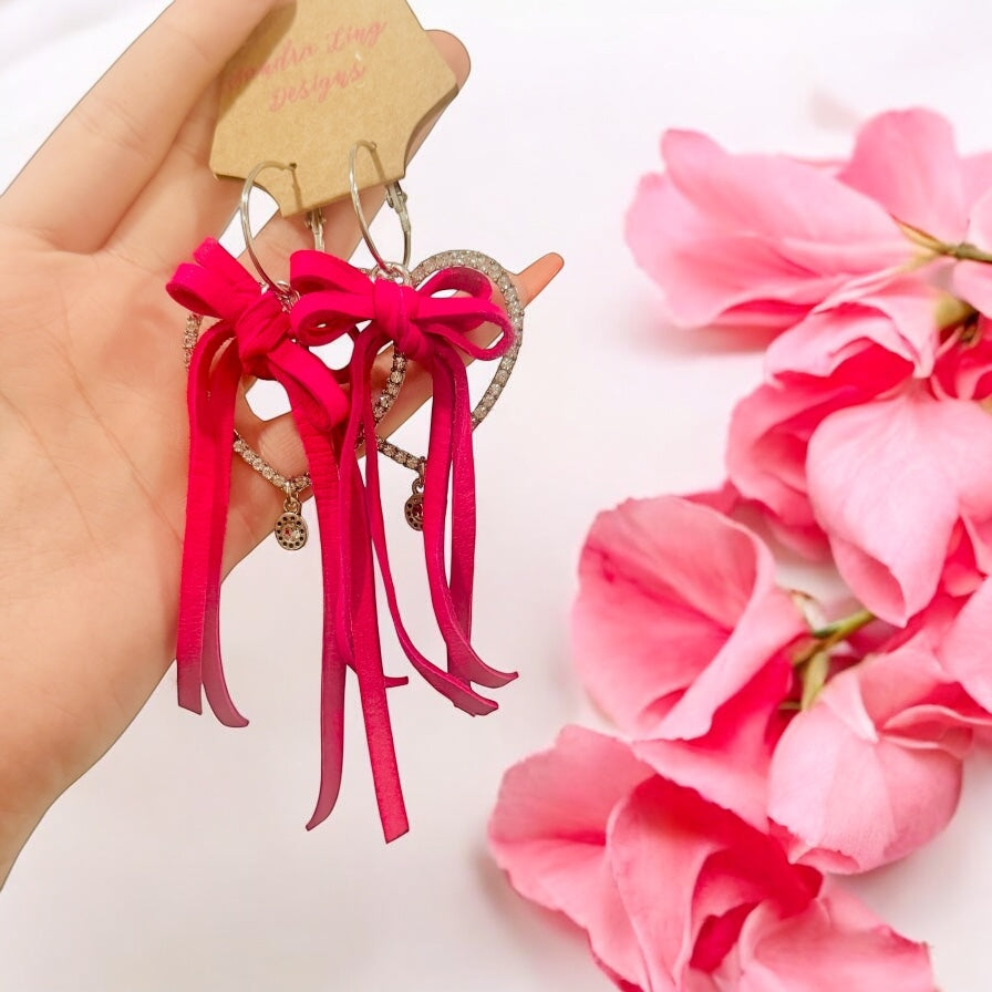 Bow Tied Fringe & Crystal Heart Earrings