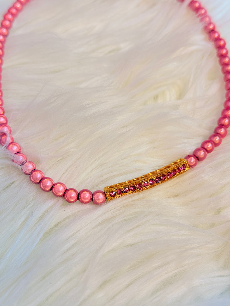 Gold Statement Crystal Bar Bubblegum Beaded Necklace