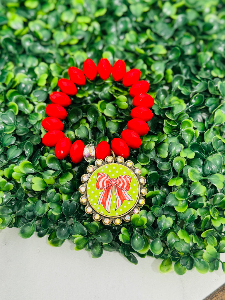 Red Rhinestone Ribbon Beaded Bracelet