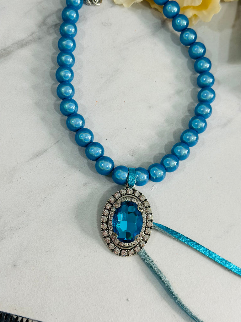 Sky Blue Iridescent Bubble Beaded & Crystal Necklace