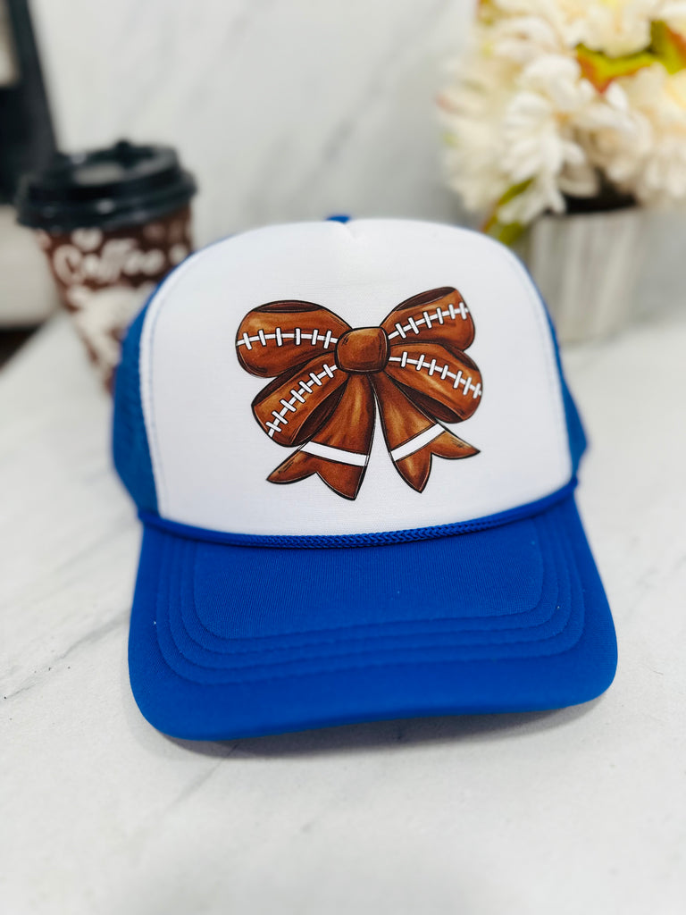 Blue Bow Tied Football Mesh Trucker Hat