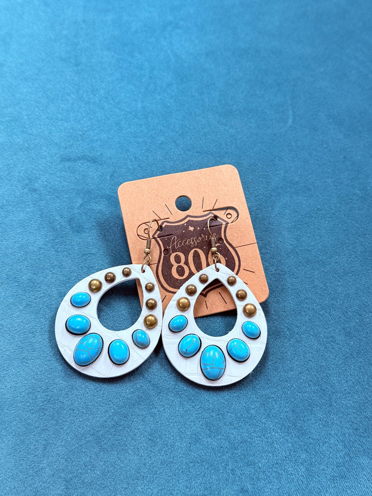 Turquoise Stone Ivry Cut Out Teardrop Earrings