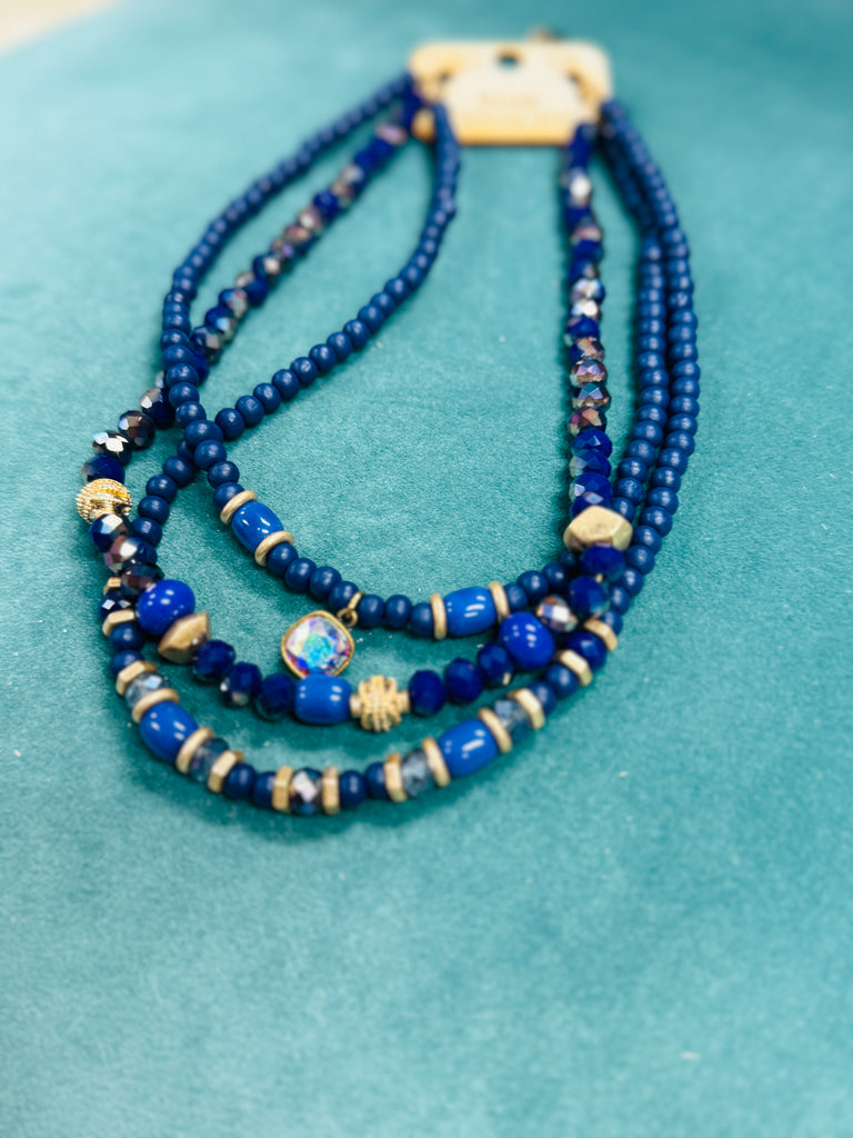 Vintage Royalty Beaded Layered Necklace in Navy Gold